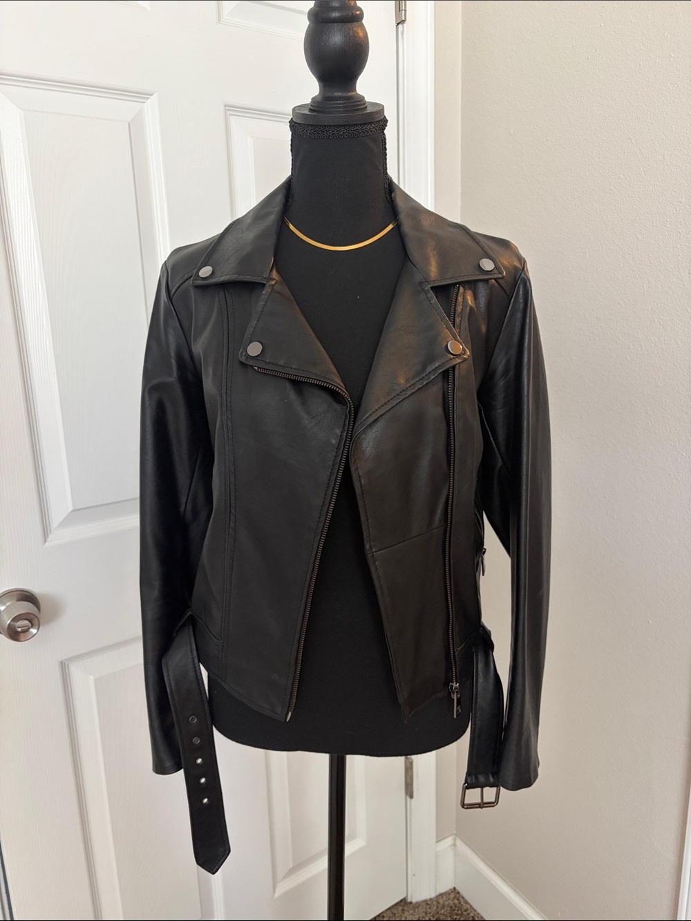 Elodie Black Leather Biker Jacket with Belt